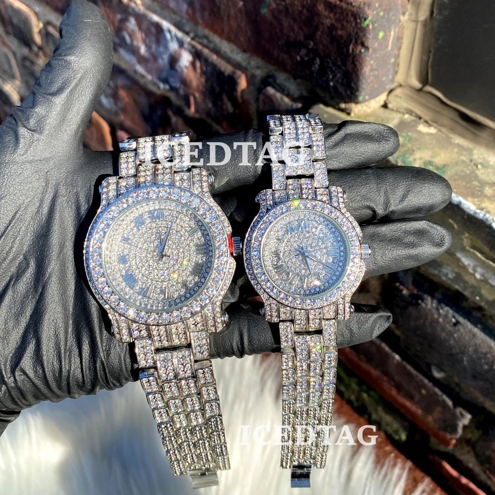 Couples Matching Iced Out White Gold PT Watch Set